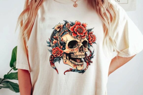 Download Vintage Floral Skull Tattoo Design with Snake Neo Traditional Illustration Png - Premium Bundle