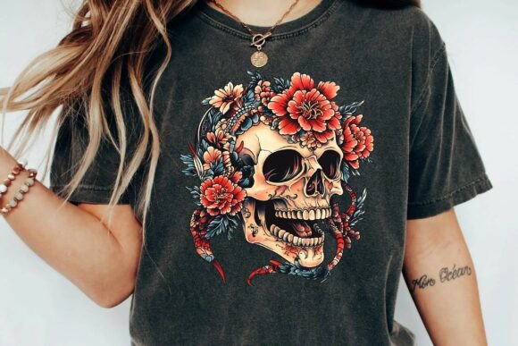 Download Neo Traditional Skull and Peony Flower Snake Tattoo Design Png - Premium Resources