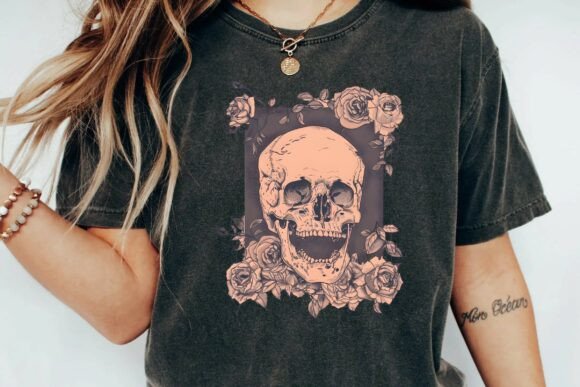 Download Vintage Gothic Skull with Roses Aesthetic Floral Tattoo Design Png - Premium Resources
