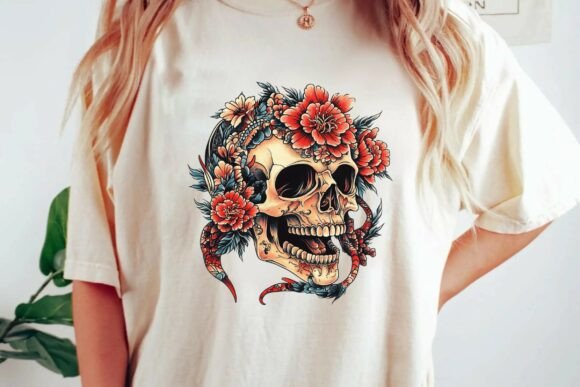 Download Japanese Floral Skull Tattoo Design with Red Peonies and Snake Png - Premium Bundle